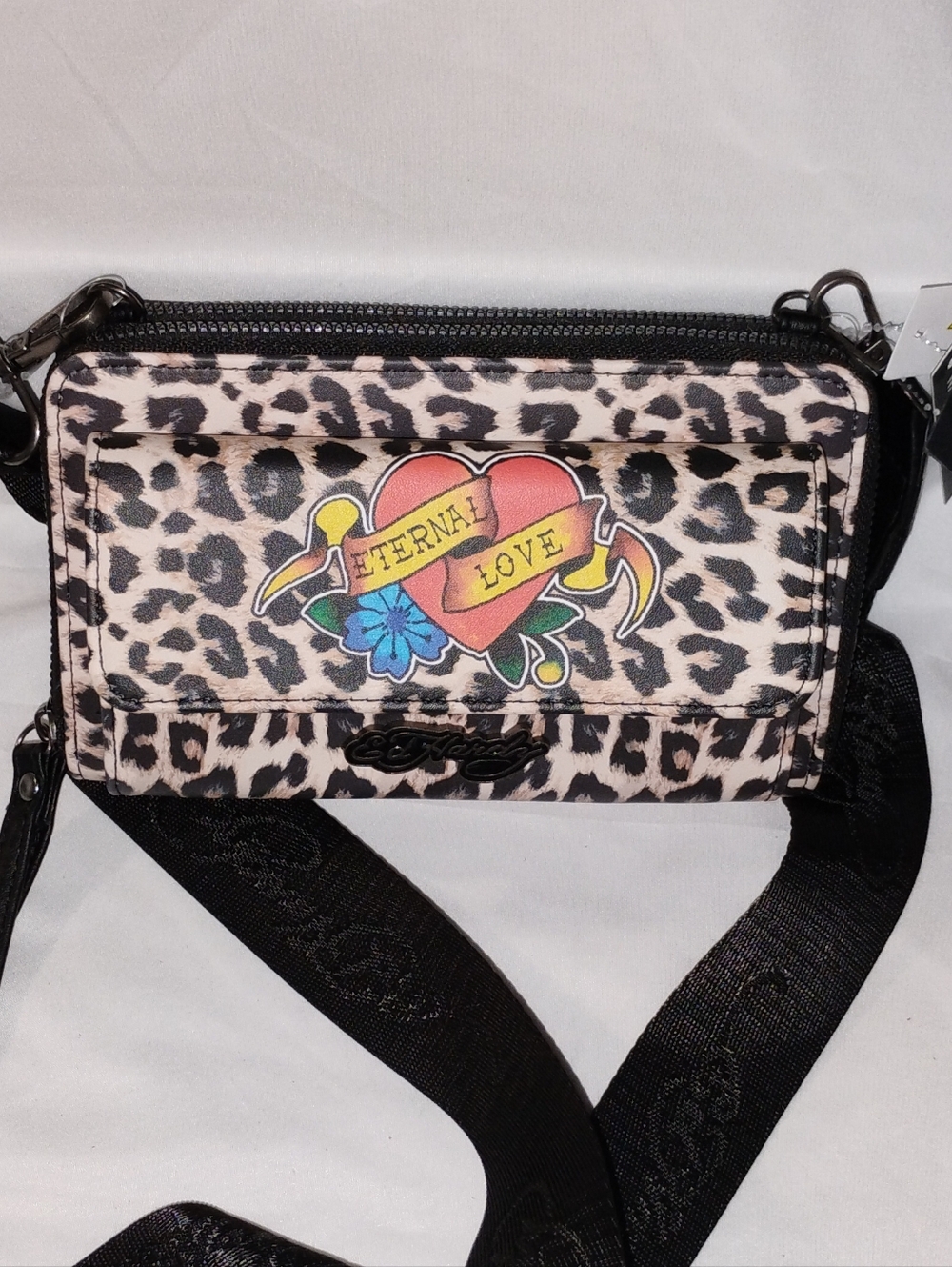 Ed Hardy Leopard Crossbody Bag with Colorful Heart Graphic - Black/Tan